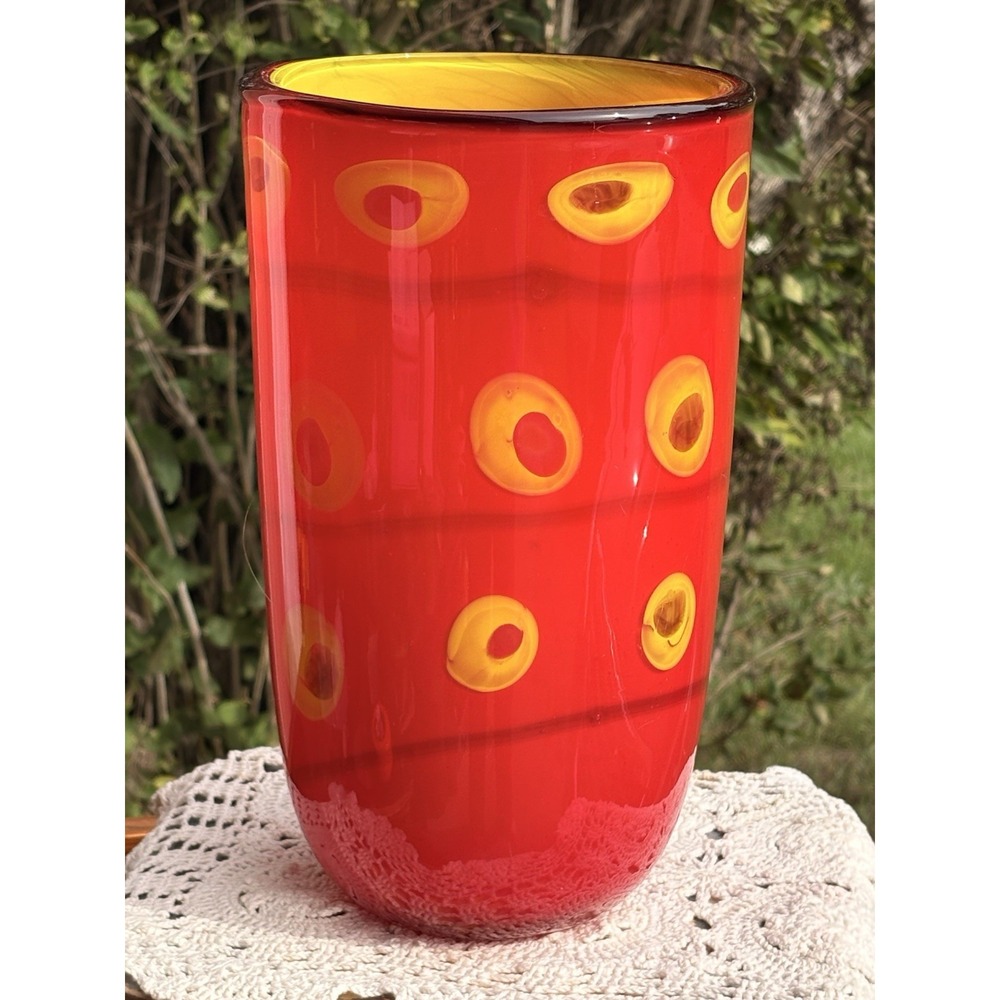 Red Murano Vase With Black And Yellow Design And Yellow Interior 11.5"